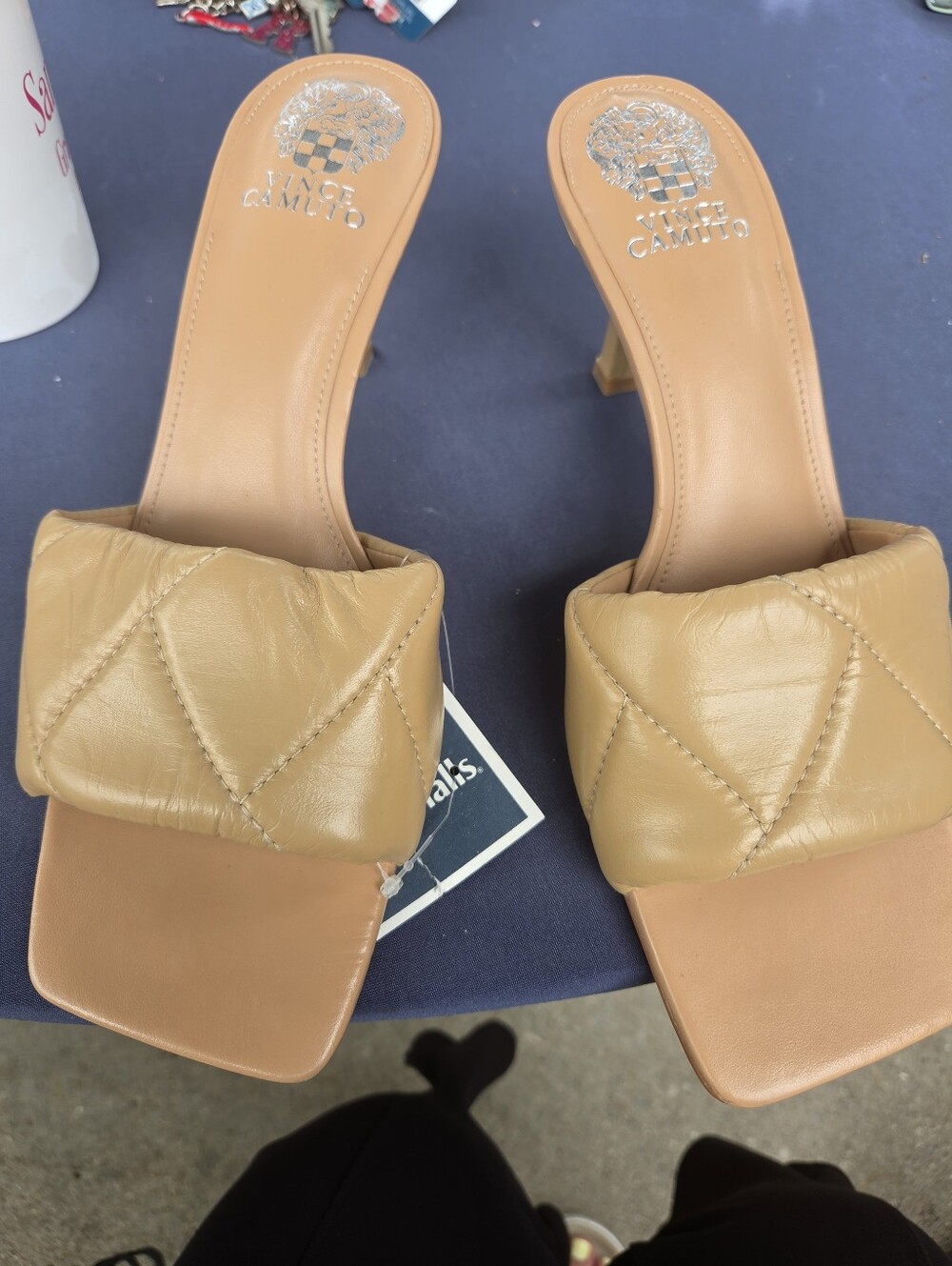 Vince Camuto Tan Quilted Strap Square-Toe Slide Heels
